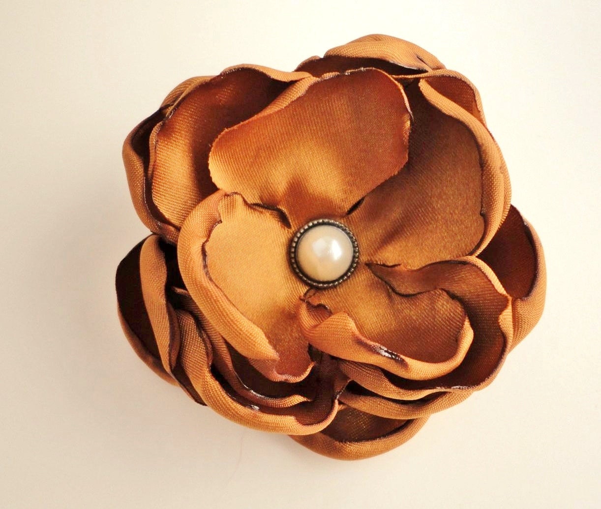 Burnt Orange Flower Hair Clip, Satin Fabric Flower, Bridal Fascinator, Rustic, Copper, Amber, Fall Wedding Bridesmaid Accessories, Pearl