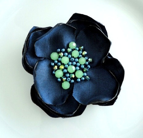 Navy Fabric Flower Pin, Navy Brooch, Navy Flower Fascinator, Blue and Lime Green, Beaded Fabric Flower Brooch, Satin Flower Broach, Summer
