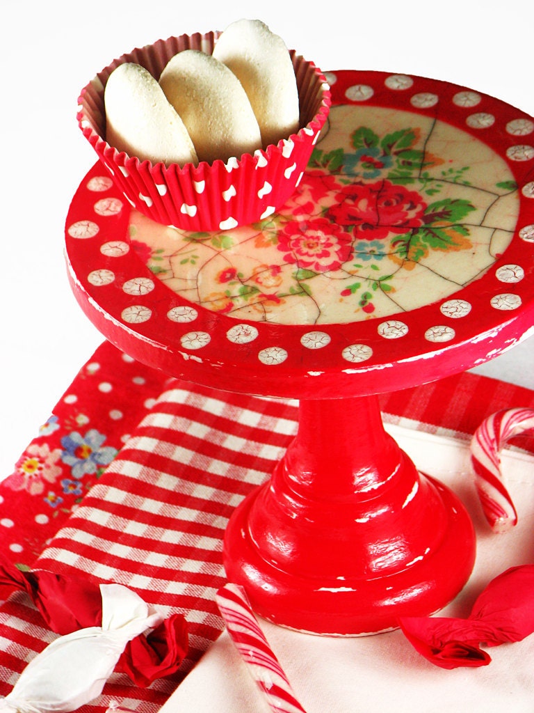 Polka dots - roses - red - white - decoupaged - shabby - crackle - romantic - wooden - small - cake stand - cupcake pedestal