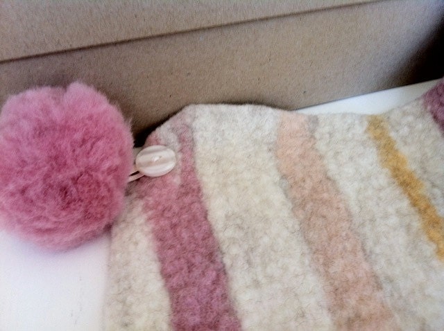 Baby Rug Handmade: Merino Wool Organic Stripes & Pom-Poms -Nursery Luxury Soft Furnishing-Boy or Girl-'Down to Earth-Rose, Buttercup, Honey - MerinoAngel
