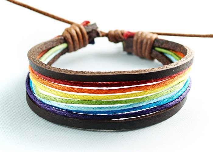 Mens Bracelet, Womens Bracelet, Leather Bracelet, Brown Leather Color Wax Rope Adjustable Charming Bracelet-With Rainbow