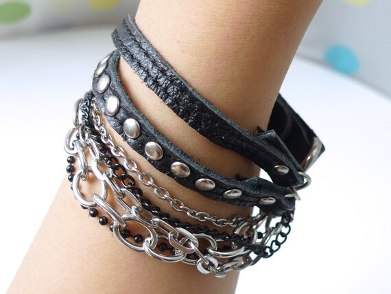 Chic Black Leather Bracelet With Rivets and Chains-SALE