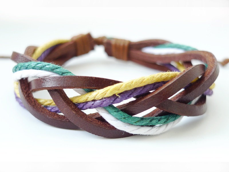 Brown Leather Multicolor Rope  Braided Bracelet