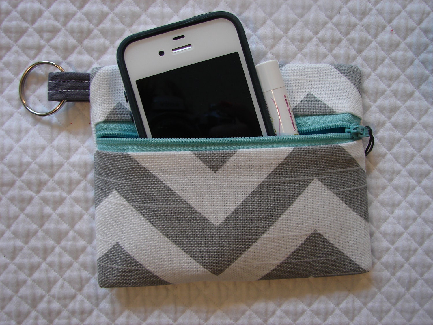 Chevron Keychain wallet with Turquoise Zip