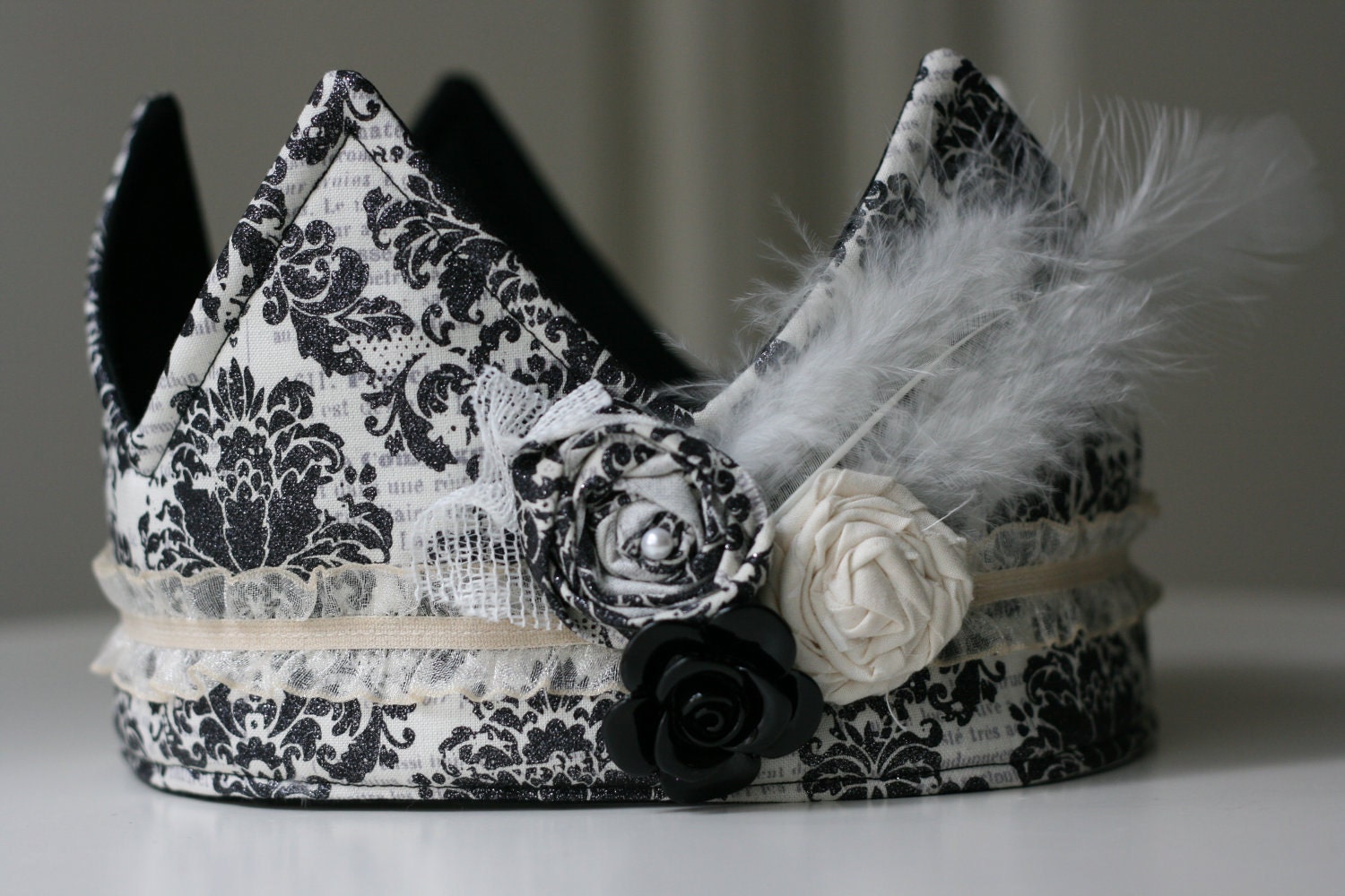 Fabric Crown, French, Sparkly Black Damask, Princess Birthday Hat, Photo Prop