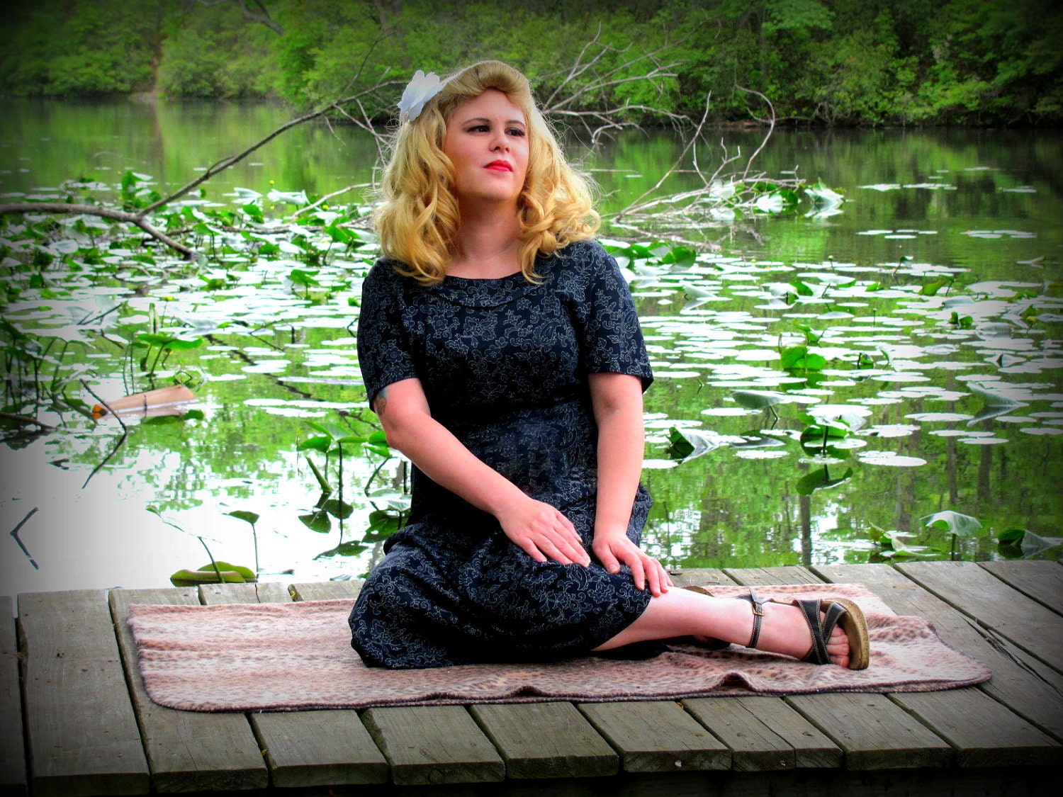 Vintage Navy Floral Dress Square Neck Size Large