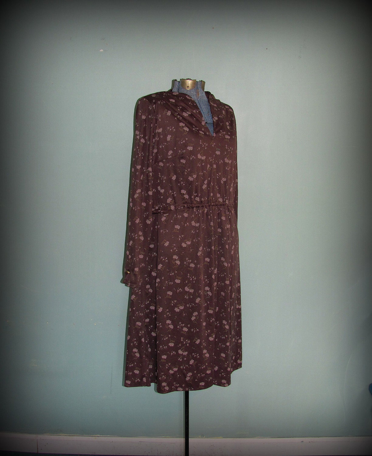 60s Brown Dress Floral Print Long Sleeve Size Large
