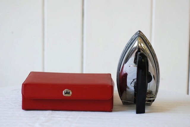 Vintage travel iron, 1960 home decor, travel sewing kit, road trip supplies, retie home maker gear