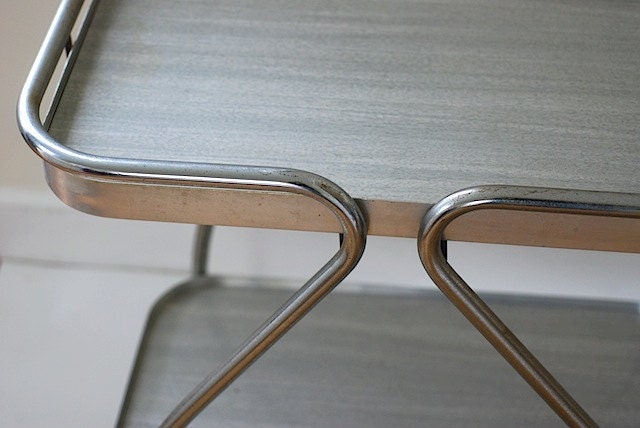 Art Deco Midcentury Tea Cart, Midcentury Chrome Furniture, Teacart VIntage, Bar Serving Furniture. Grey FAUX Wood, Home Decor