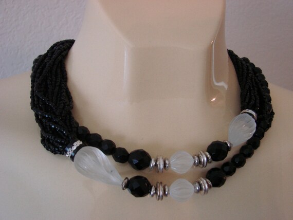 Reserved for Karen Dauplaise Multi-Strand French Jet Black Glass & Frosted Bead Necklace