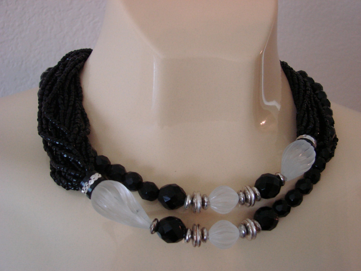 Reserved for Karen Dauplaise Multi-Strand French Jet Black Glass & Frosted Bead Necklace