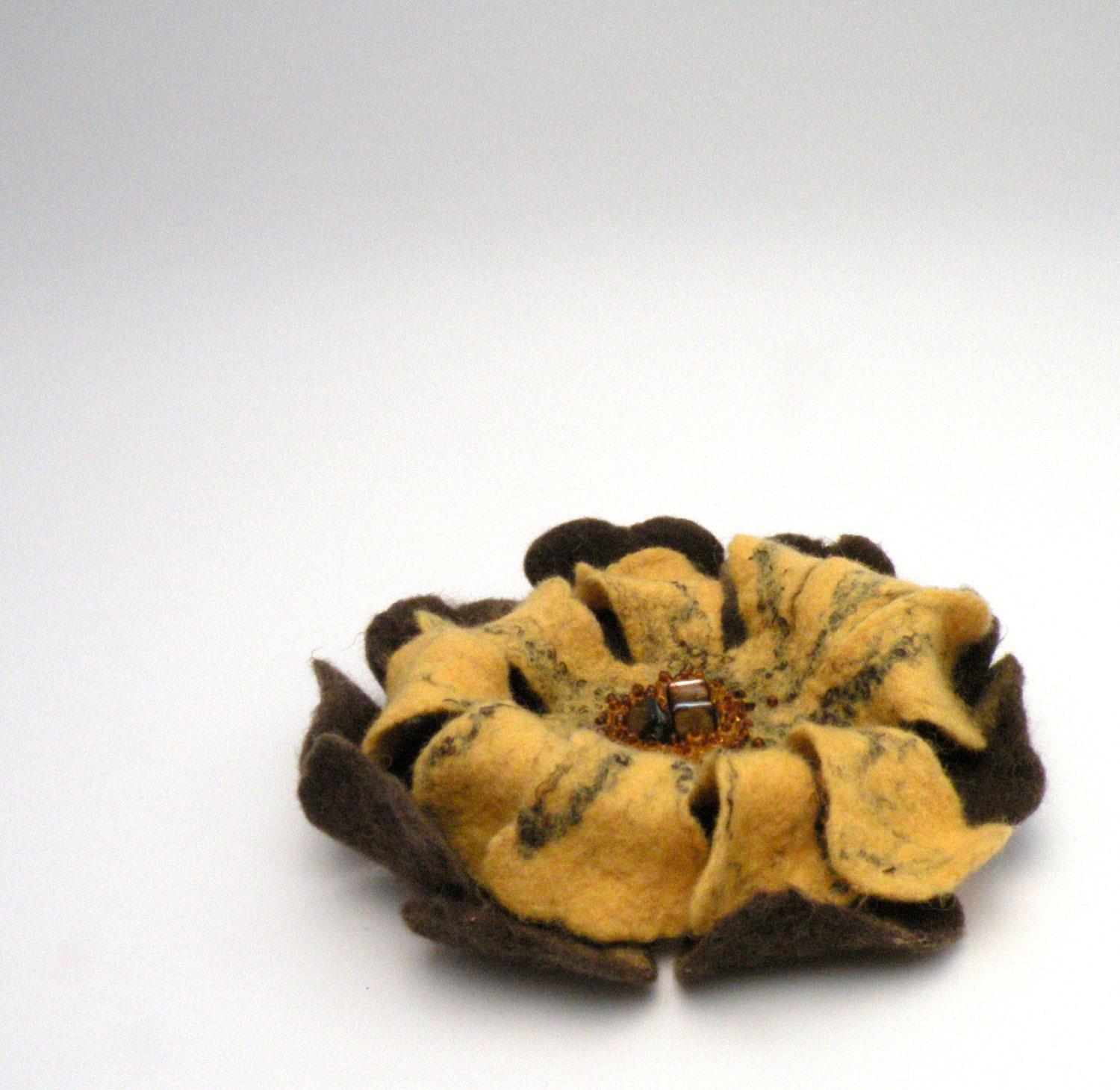 Felted flower pin brooch - felt flower brooch - vanile yellow chocolate brown flower - felt wool flower -  made to order - floral jewelry