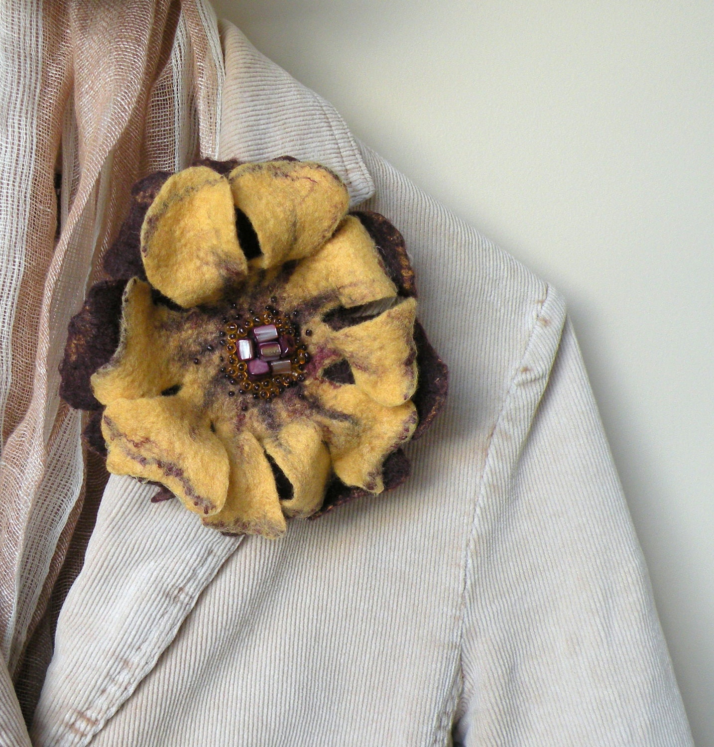 Felted wool flower brooch for women - aubergine yellow - floral jewelry