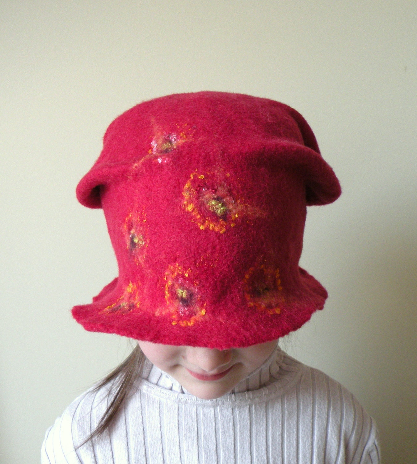 Red wet felted wool girl or women hat - autumn hat - ready to ship now - school girl - back to school - ready to ship