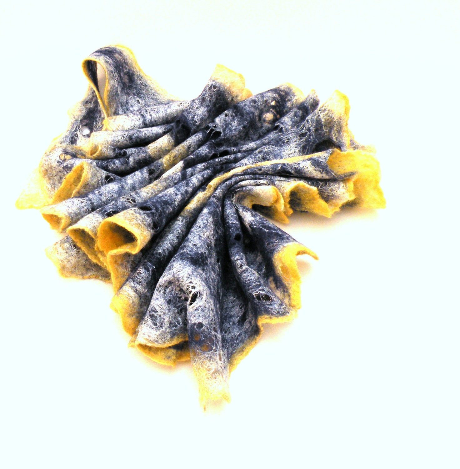 Women cobweb felted woool and silk scarf, navy blue and yellow scarf - made to order