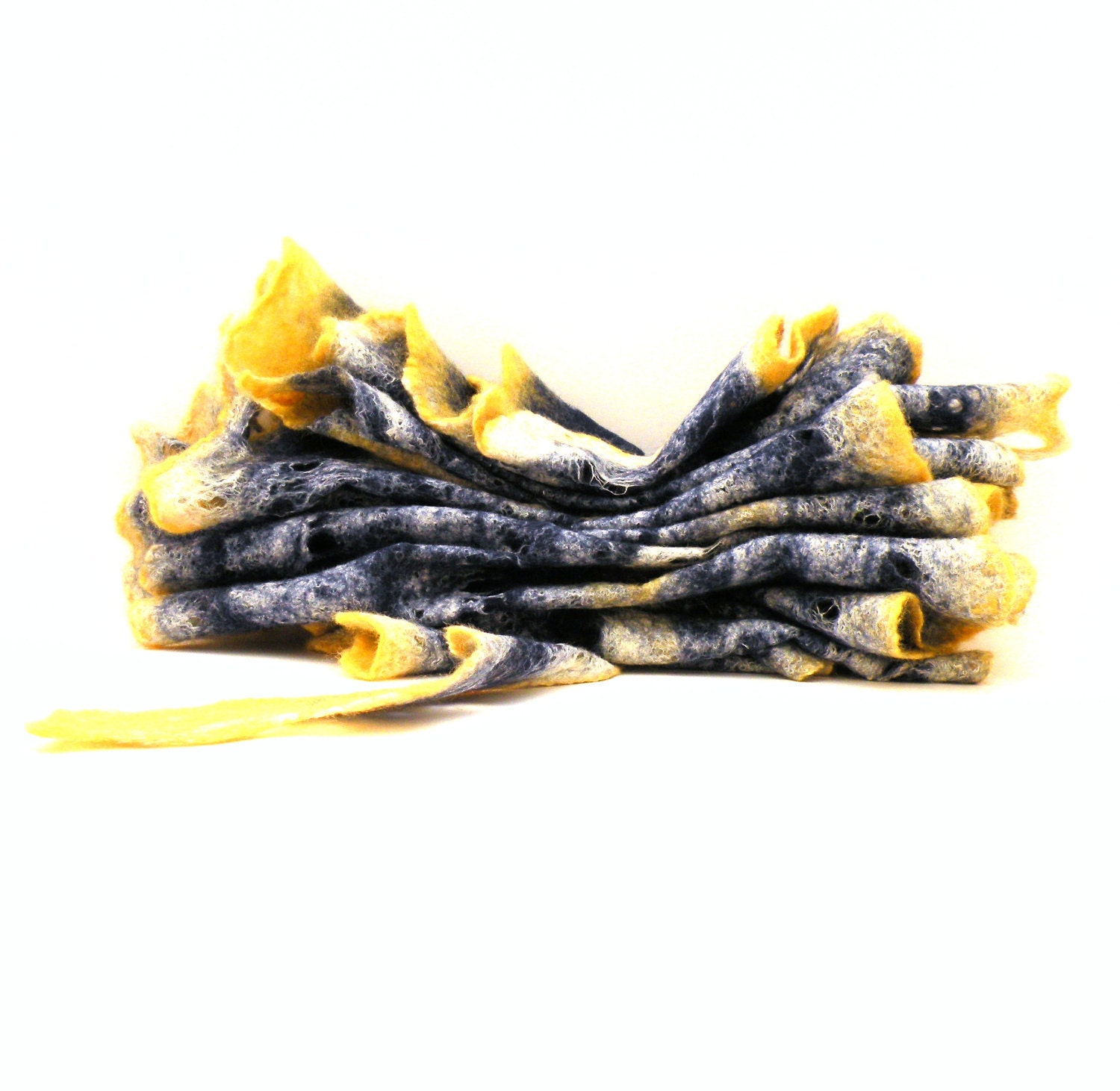 Women cobweb felted woool and silk scarf, navy blue and yellow scarf - made to order