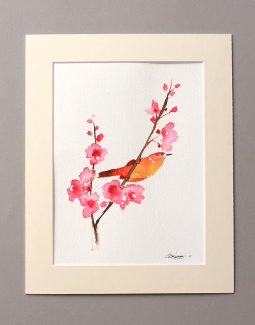 Pretty Branch & Bird original watercolour painting 8 x 10 inches