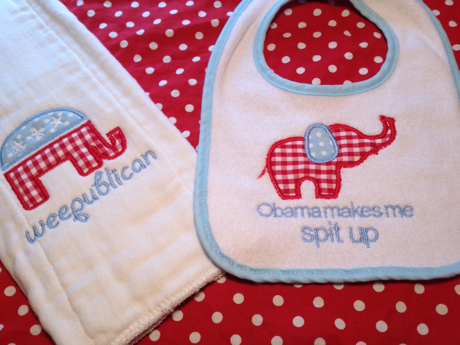 Weepublican bib and burp cloth set Republican Obama makes me spit up Humourous