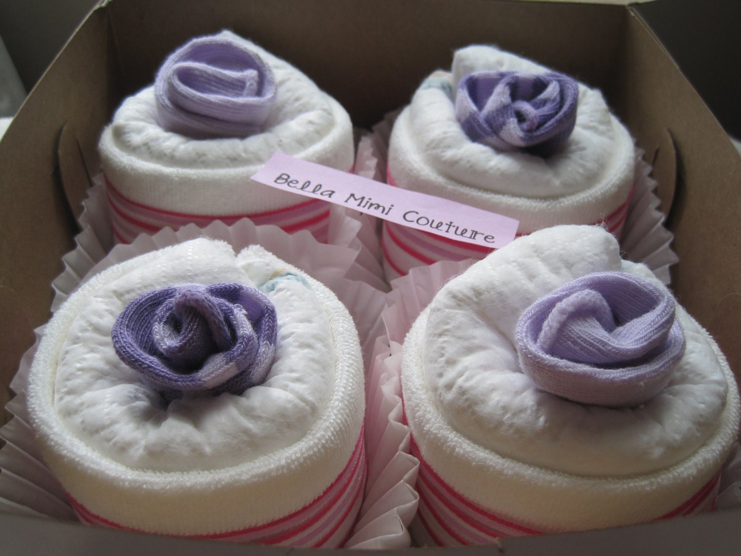 Custom Couture Baby Diaper Cupcake Gift/ 4 Diaper Cupcakes/ Wishing Well Baby Gift/ Lavender Diaper Cupcakes
