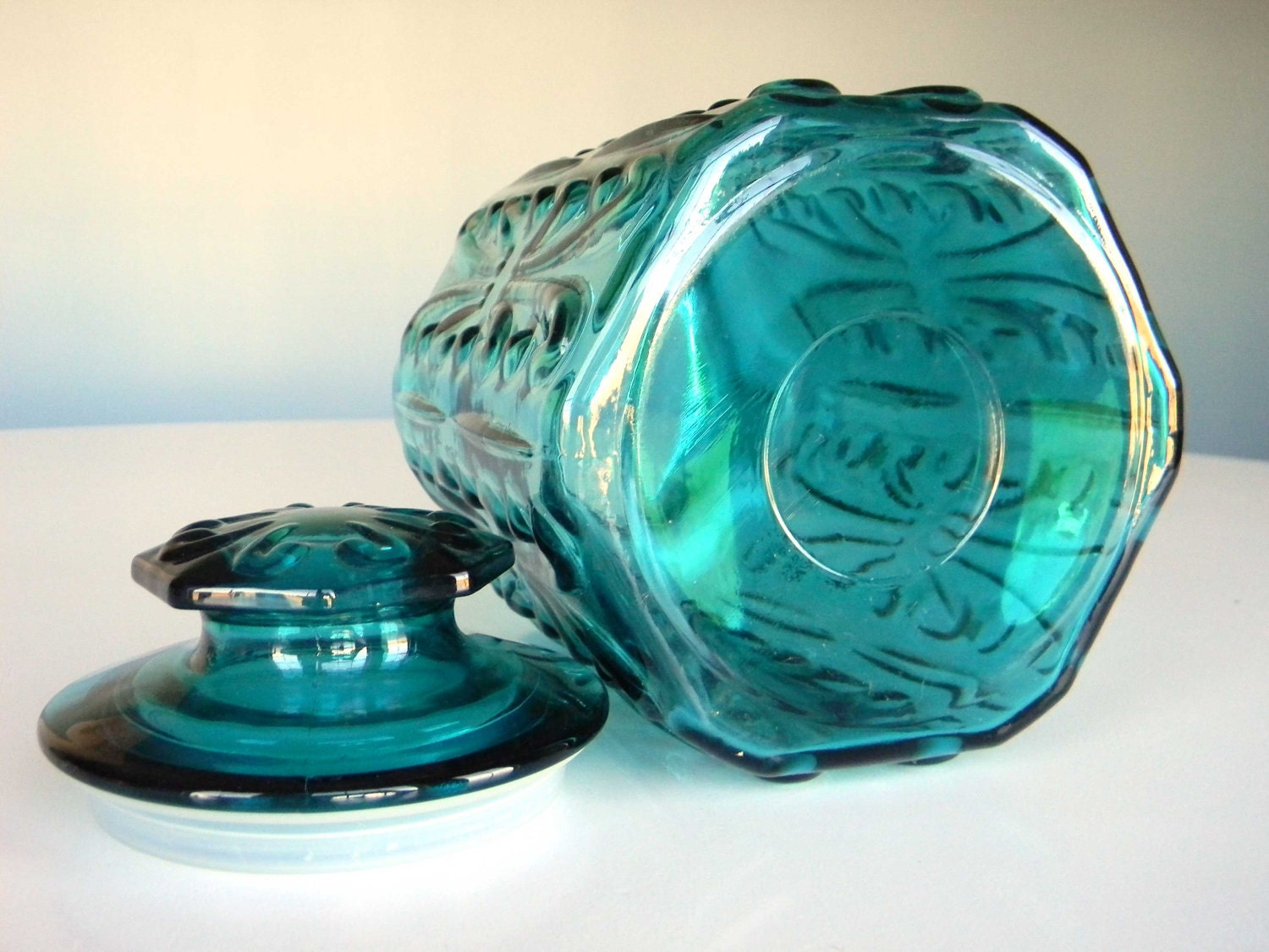 Vintage Aqua Blue Glass Candy Storage Jar Container