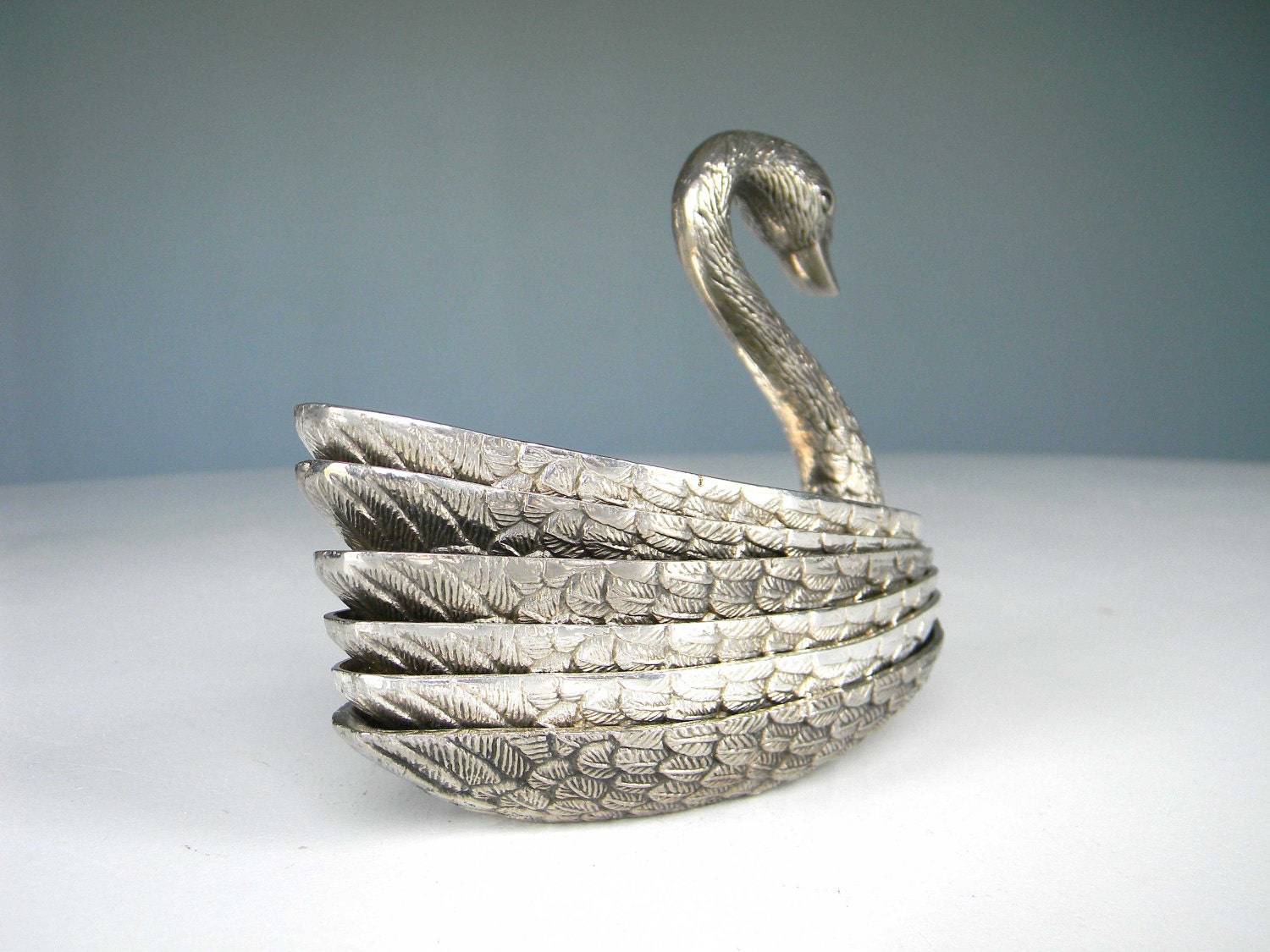 Silver Plate Swan Nesting Cups Plates Bowls Nut Dessert