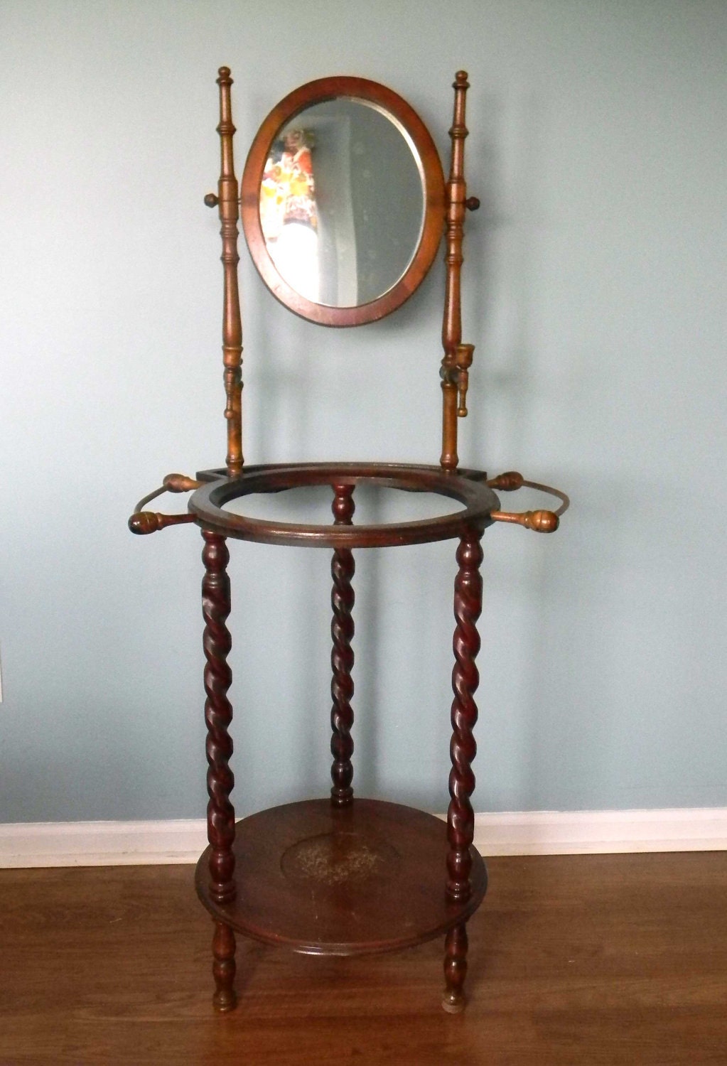Vintage Wash Stand Wooden with Mirror Candle Holders Towel Racks