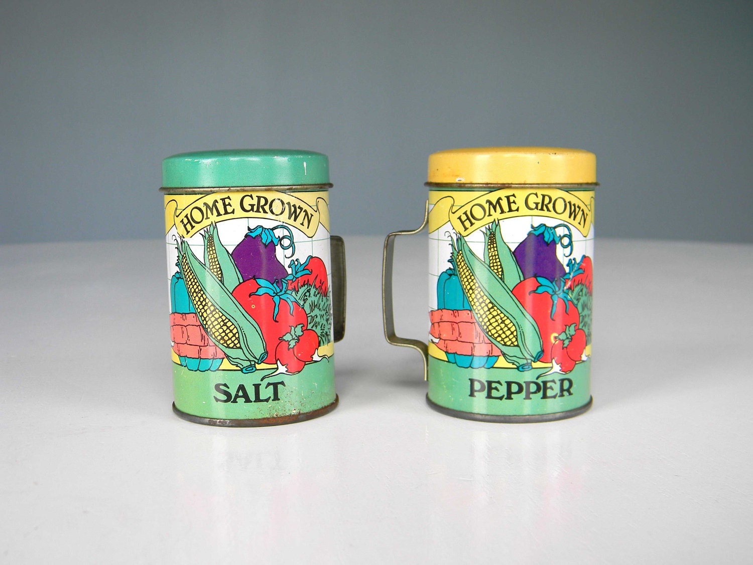 Vintage Tin Salt and Pepper Shaker Home Grown Vegetable Garden