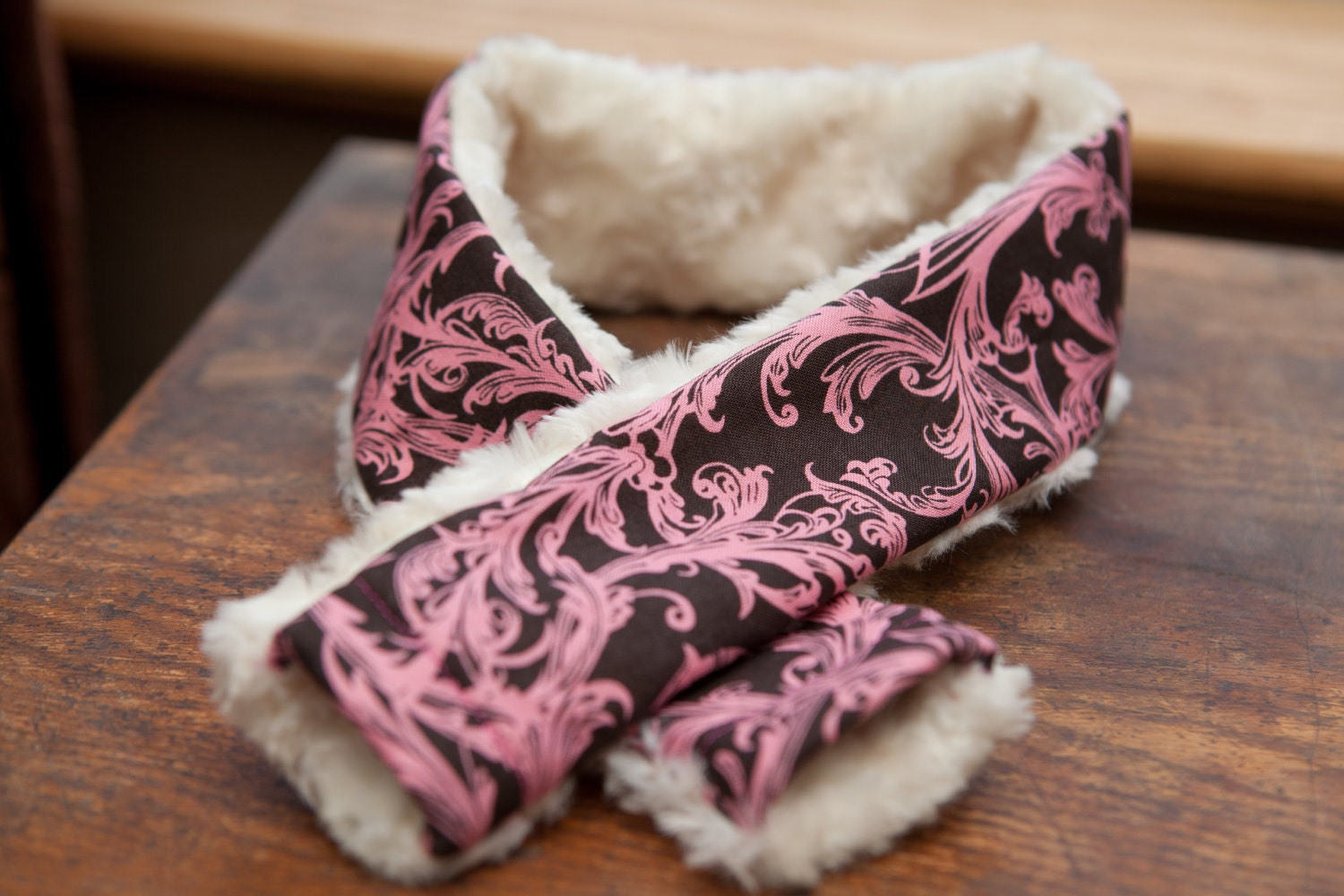 Padded Camera Strap Cover - Brown and Pink Damask/Cream Swirl Minky Fleece Padded Camera Strap Cover - Canon Nikon Olympus Sony Pentax