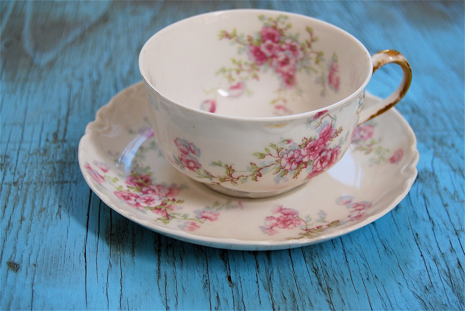 Haviland and Company "Limoges France" Porcelain Pink Floral Tea Cup and Saucer 1890 - 1930