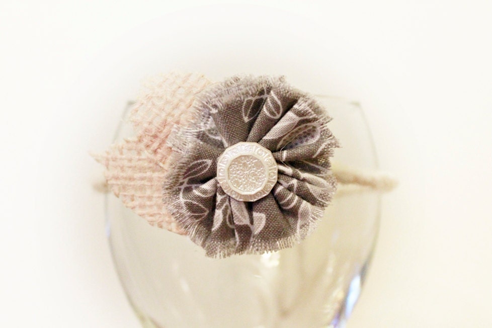 Newborn Headband Photo Prop - Newborn Photo Prop - Halo, Tieback - Burlap, Pink, Grey, Cream - Flower, Bow