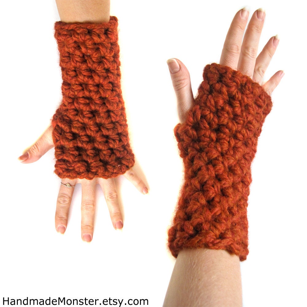 crochet ARM WARMERS FINGERLESS you pick the color sports team gloves warm wrist warmers soft wool burnt orange spice fall - HandmadeMonster