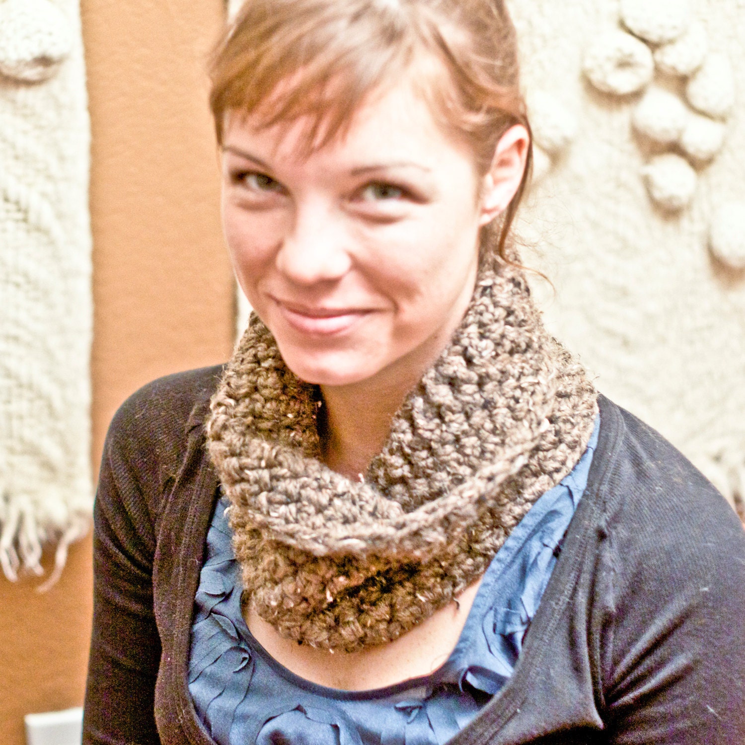 CHUNKY COWL SCARF mens scarf brown barley wool blend soft