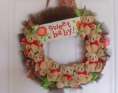 BABY Girl or Boy Teddy Bear DOOR WREATH Birth Announcement Wall Hanging for Hospital Room & Nursery