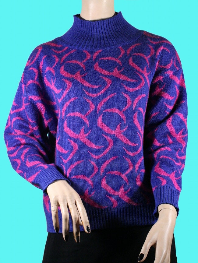 Vintage 80s UGLY Sweater Hipster Indie Hot Pink and Blue Small CIJ Christmas in July Sale