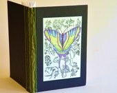 recycled book - Butterfly in the Garden- butterfly art, journal for gardening, retro style plants, art journal, violet and lime, garden art