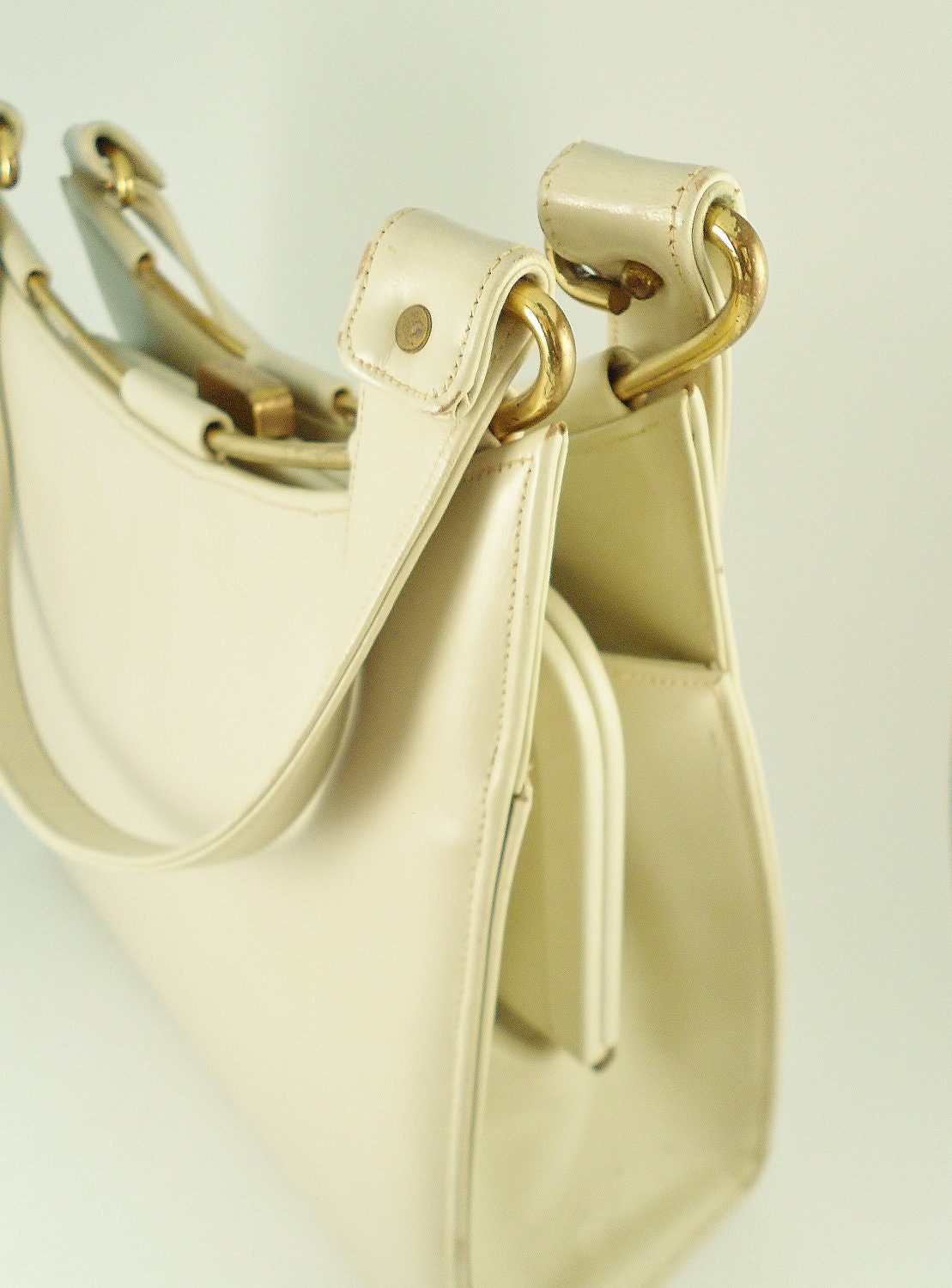 Vintage Cream Handbag - 1960's Double Strap Ivory Handbag with Gold Hardware
