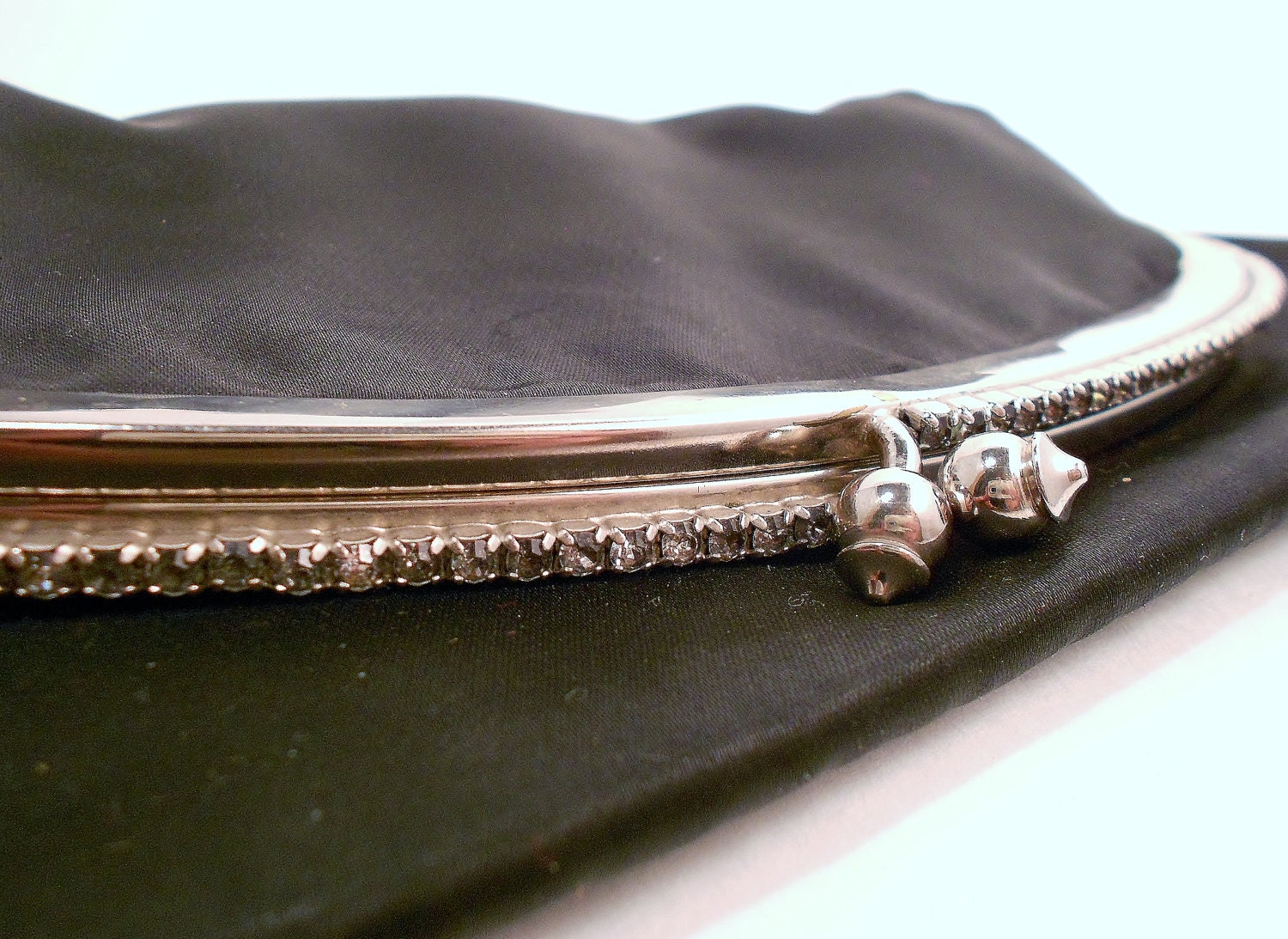 Vintage Rhinestone Clutch - 1960's Black Satin and Smoke Rhinestone Evening Clutch