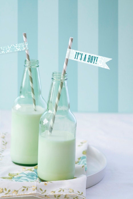 Straw Flags in Damask and stripe for boy baby shower-Digital File