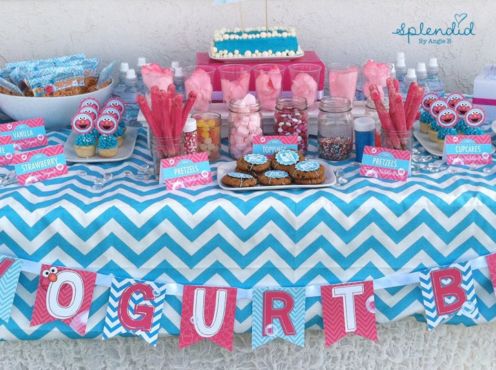 Pink Girly Bubble Elmo and turquoise Cookie Monster with chevron party printables