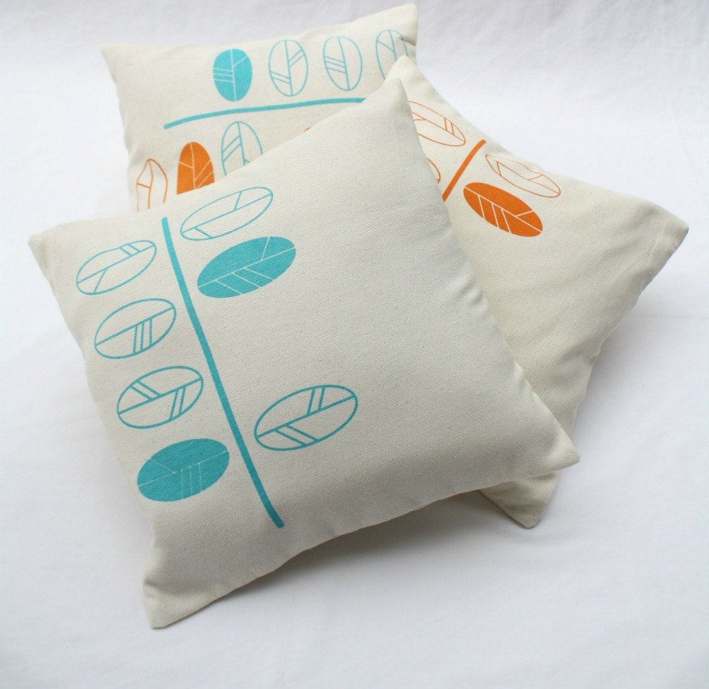 Cushion covers - turquoise leaves screen printed