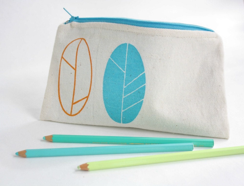 Spring pencil pouch screen printed in orange and turquoise