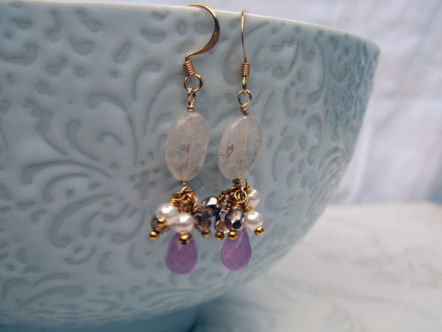 Dangly boho lavender new jade, quartz, pearl and gold beaded earrings