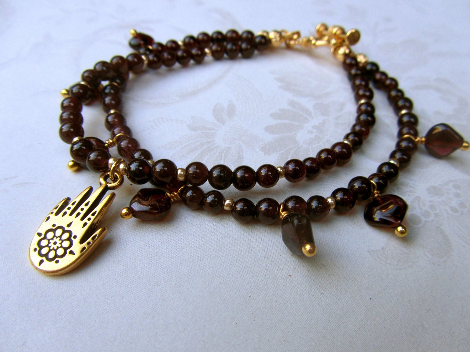 Boho deep red garnet Hand of Fatima yoga bracelet