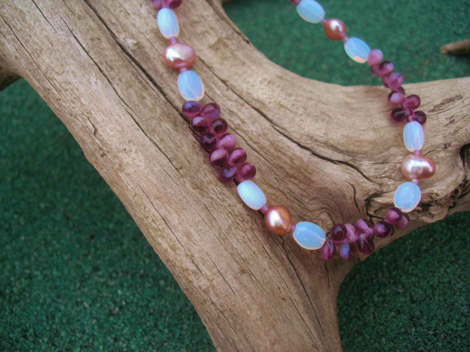 Purple Czech glass and pearl necklace