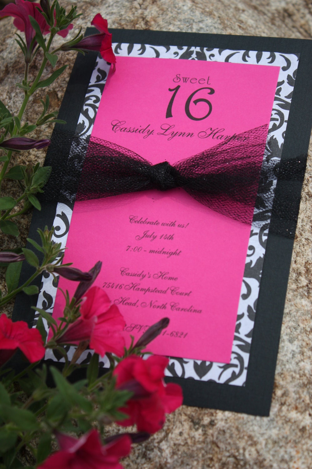 Fuchsia, Black & White Sweet 16 Birthday Invitations