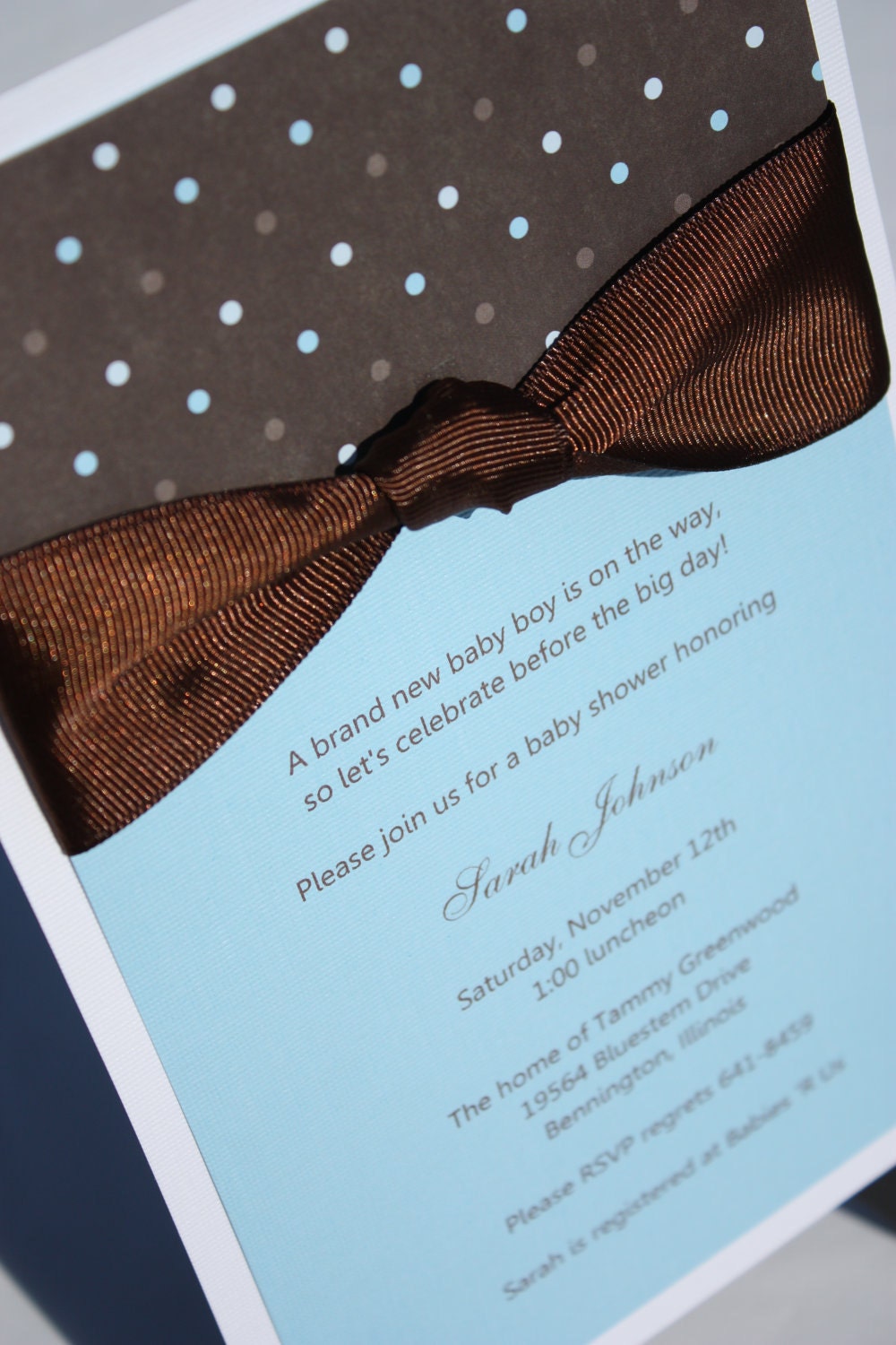 Blue, Brown & White Baby Shower Invitation with Polka-Dots
