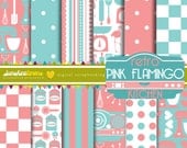 Retro Pink Flamingo Kitchen Digital Paper Pack - Set of 12 Paper