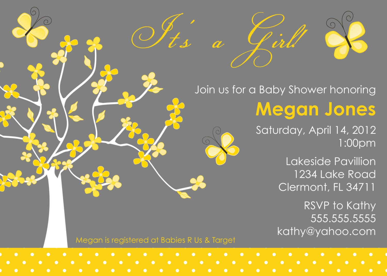 Yellow & Gray Tree and Butterfly Baby Shower Invitation - You Print - It's a Girl