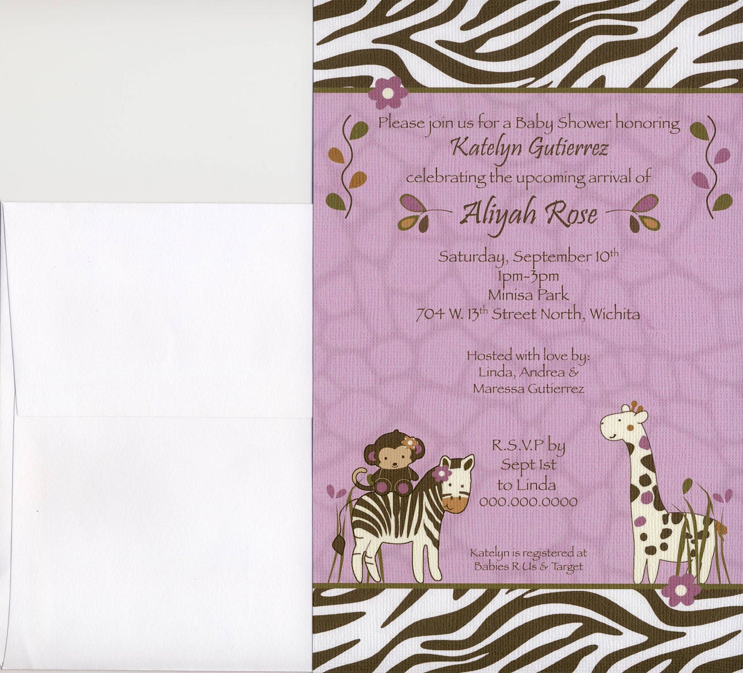 24 Printed CoCaLo Jacana Girl Baby Shower Invitation - Greeting Card Size - Pretty Purple Lavender Giraffe, Zebra, Monkey
