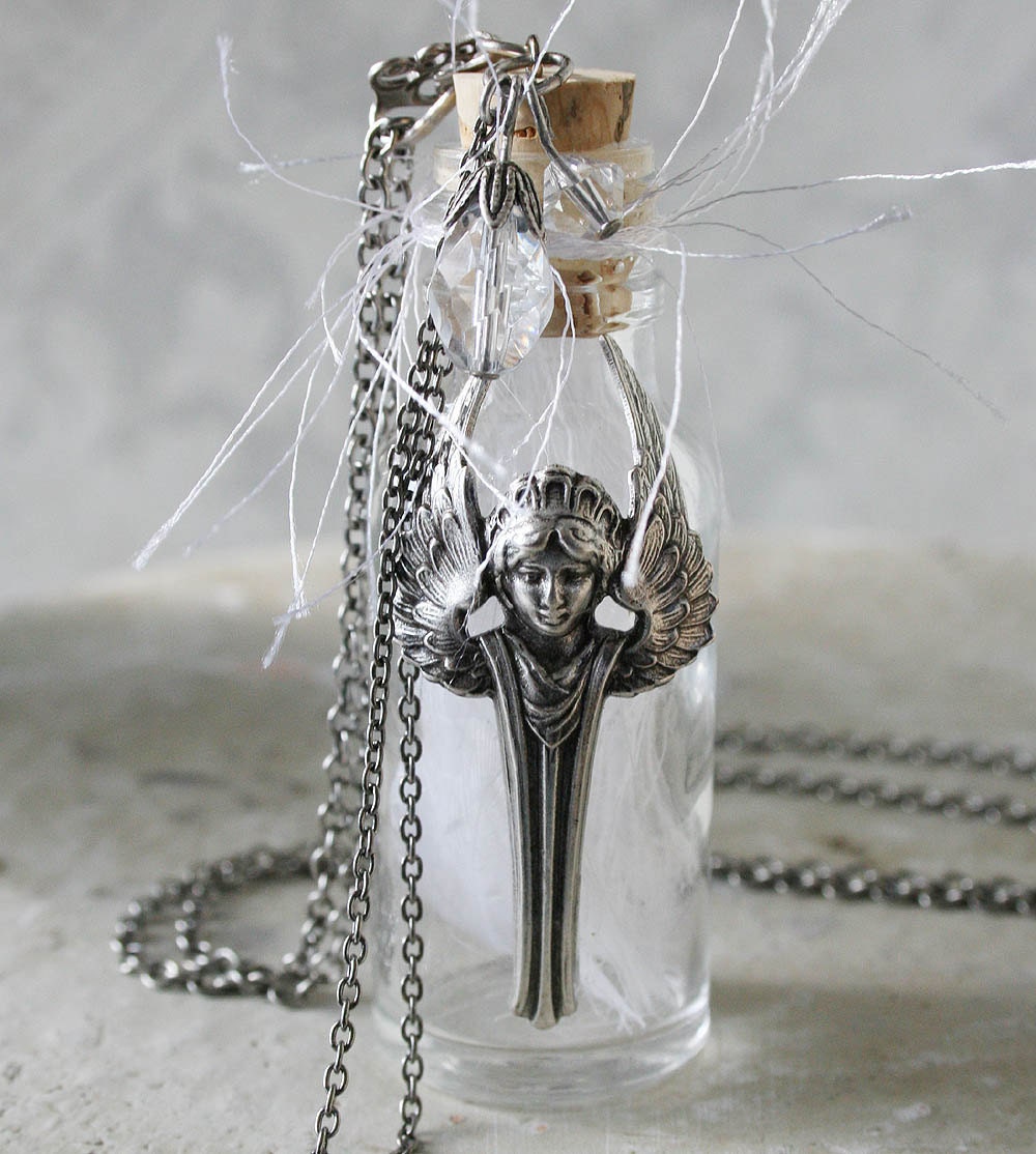 ANGEL WINGS in a JAR glass altered bottle vial necklace with white feathers and antiqued silver angel